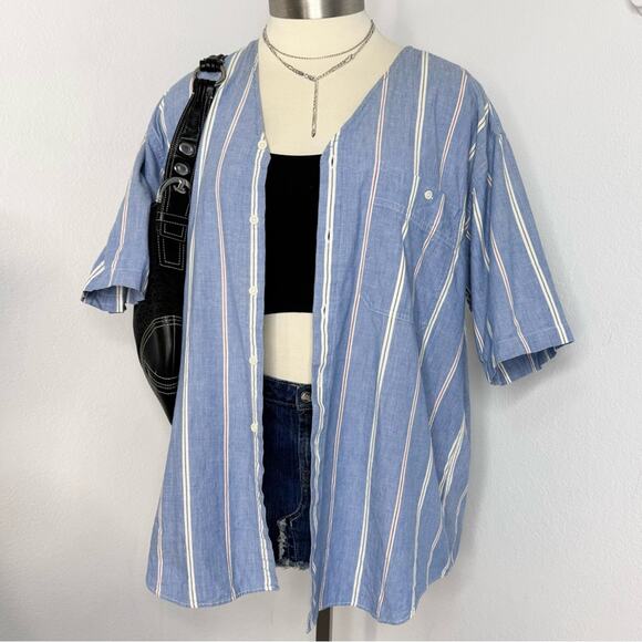 Vintage Oversized Striped Button Shirt Short Sleeve Baseball Style Sporty - Picture 1 of 8